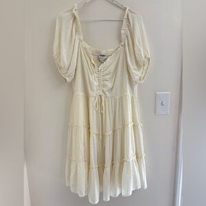 ARULA Cream Tiered Mini Dress Romantic Puff Sleeve Babydoll Flowy Boho Summer 14